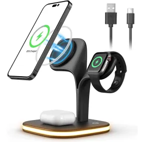 4-in-1 Magnetic Wireless Charger: 15W Fast Charging Stand for iPhone 14/13/12 Pro Max, iWatch 7/6/5, Nightlight