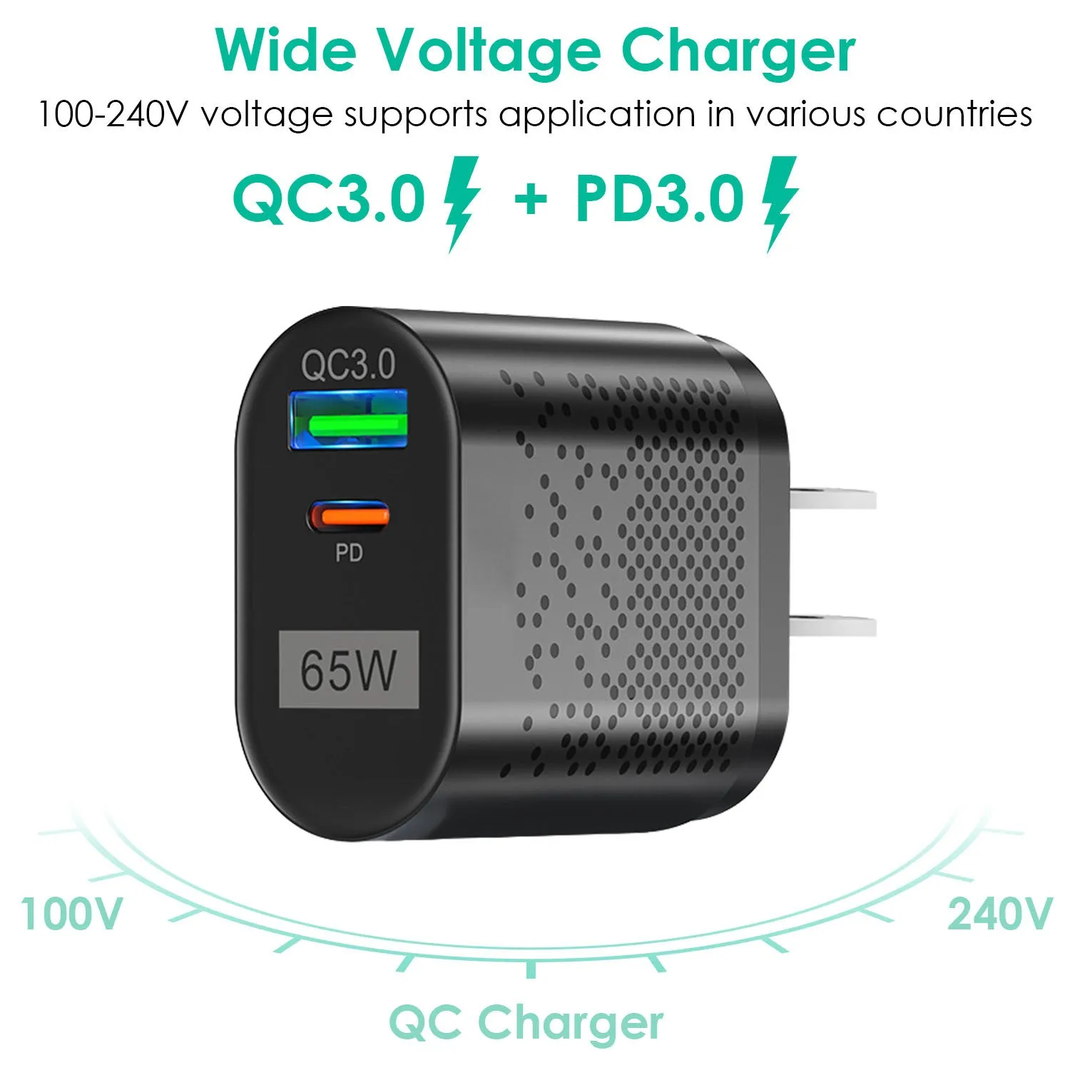 65W Type C Wall Charger with PD & QC3.0 for iPhone, Samsung, Switch, MacBook, iPad