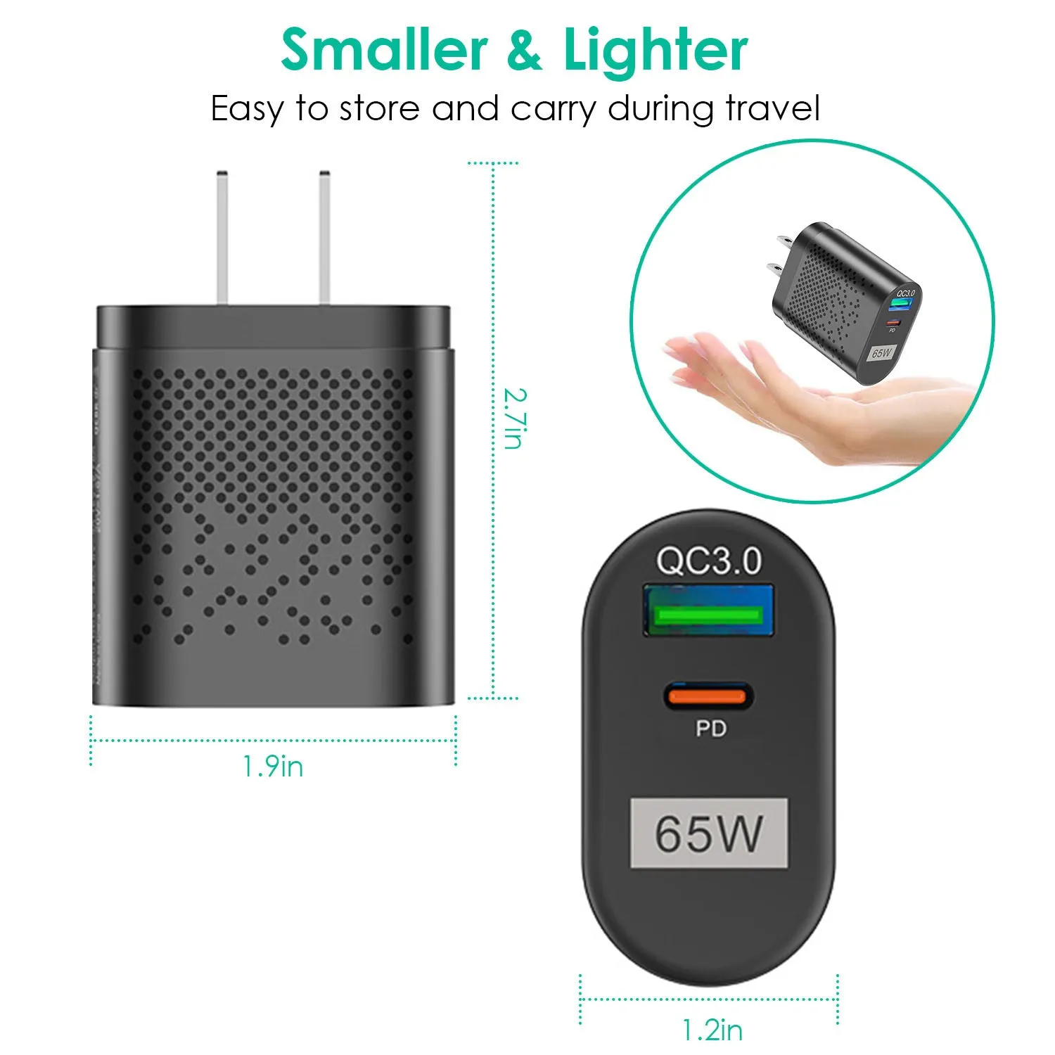 65W Type C Wall Charger with PD & QC3.0 for iPhone, Samsung, Switch, MacBook, iPad