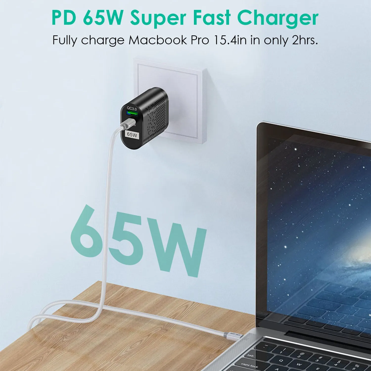 65W Type C Wall Charger with PD & QC3.0 for iPhone, Samsung, Switch, MacBook, iPad