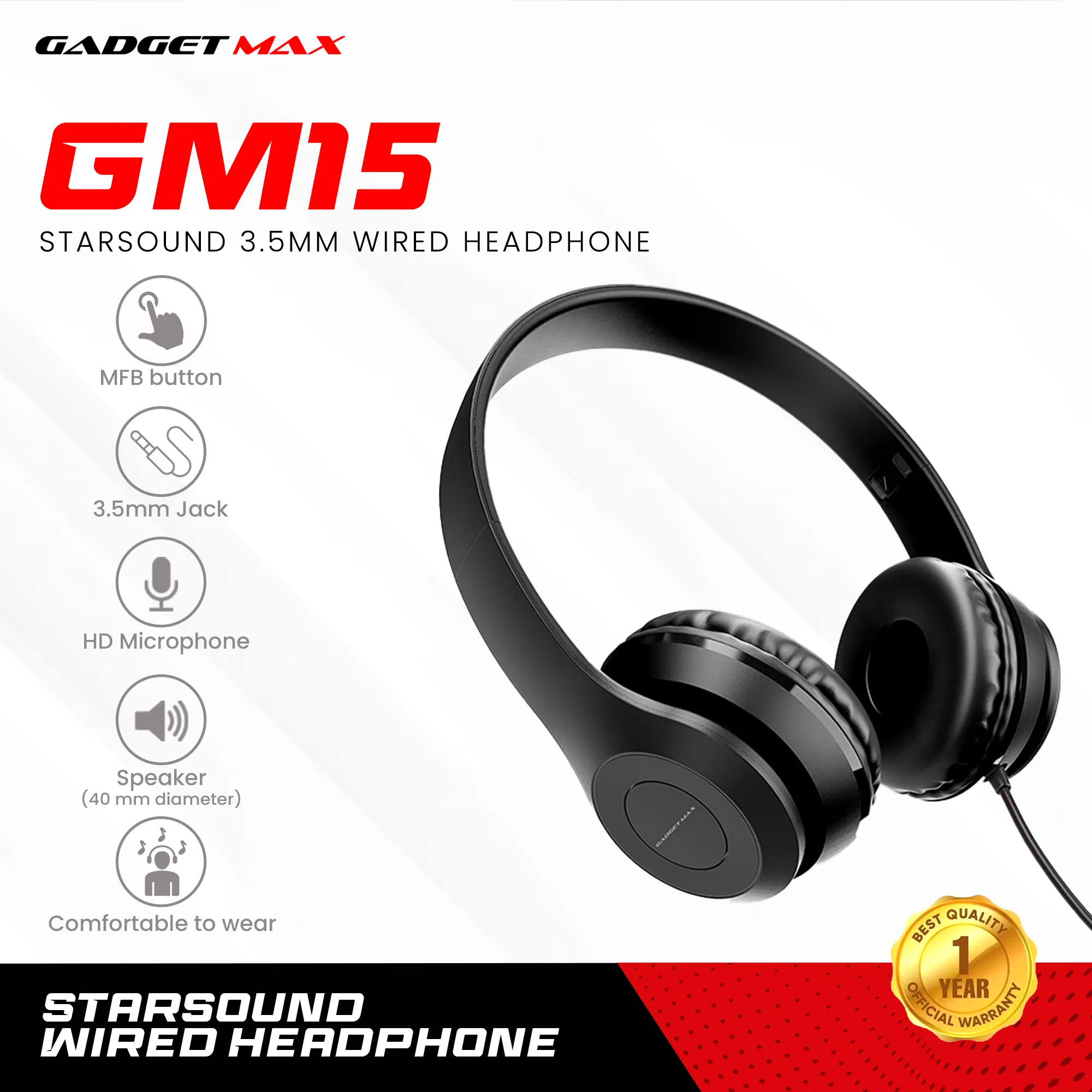 GADGET MAX GM15 STARSOUNG 3.5MM WIRED HEADPHONES (1.2M), Wired Headphone, 3.5mm Headphone, Sound Quality Headphone