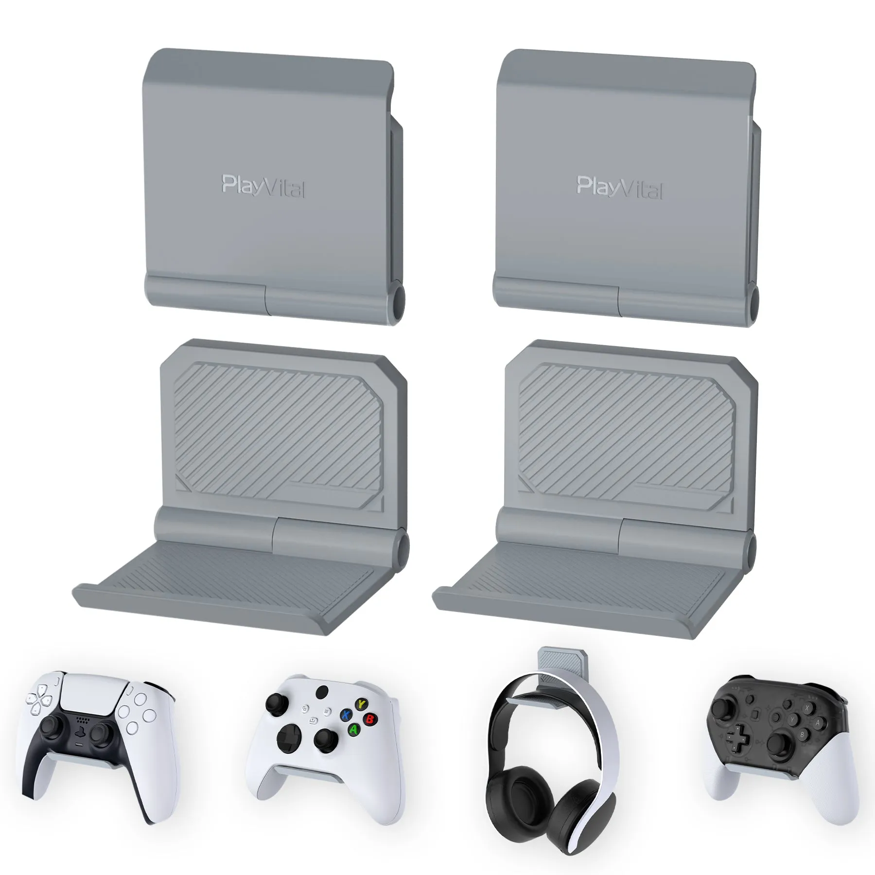 PlayVital 4 Set FOLD Controller Wall Mount for ps5/4, Gaming Headset Stand, Foldable Wall Stand for Xbox Series X/S, Switch  Pro, Wall  Holder for Xbox Wireless  Headset, for  Pulse  3D Headset - New Hope Gray - DMYPFM006