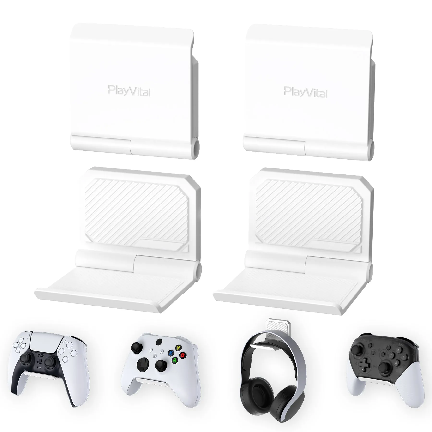 PlayVital 4 Set FOLD Controller Wall Mount for ps5/4, Gaming  Headset Stand,  Foldable Wall Stand for Xbox Series X/S, Switch  Pro, Wall  Holder for Xbox Wireless  Headset, for  Pulse  3D Headset - White - DMYPFM004