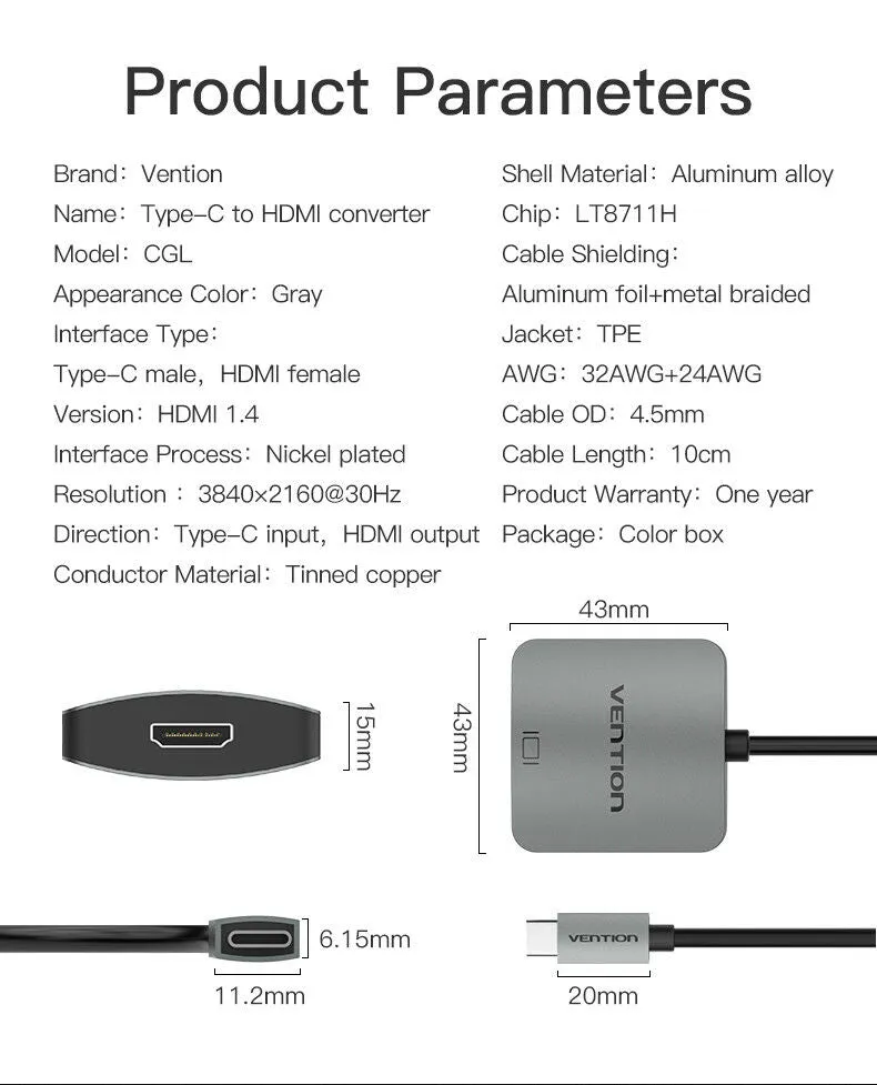 Vention Type-C to 4K 3D HDMI Converter  - 0.1M - Gray Metal Body