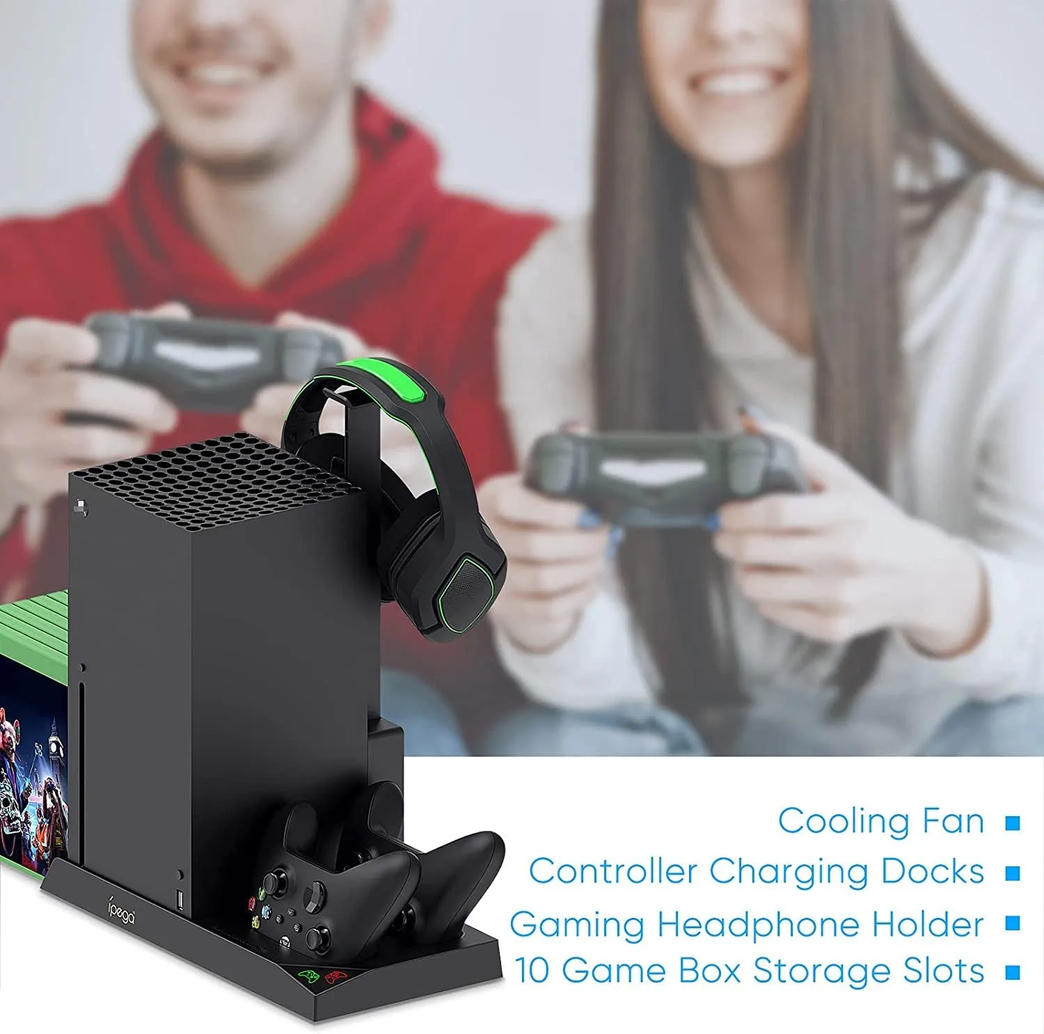 Vertical Cooling Stand for Xbox Series X Console - Dual Controller Charging Dock Station with 2 Pack 1400Mah Batteries & Game Rack Storage Organizer and Gaming Headphones Holder for Xbox Series X