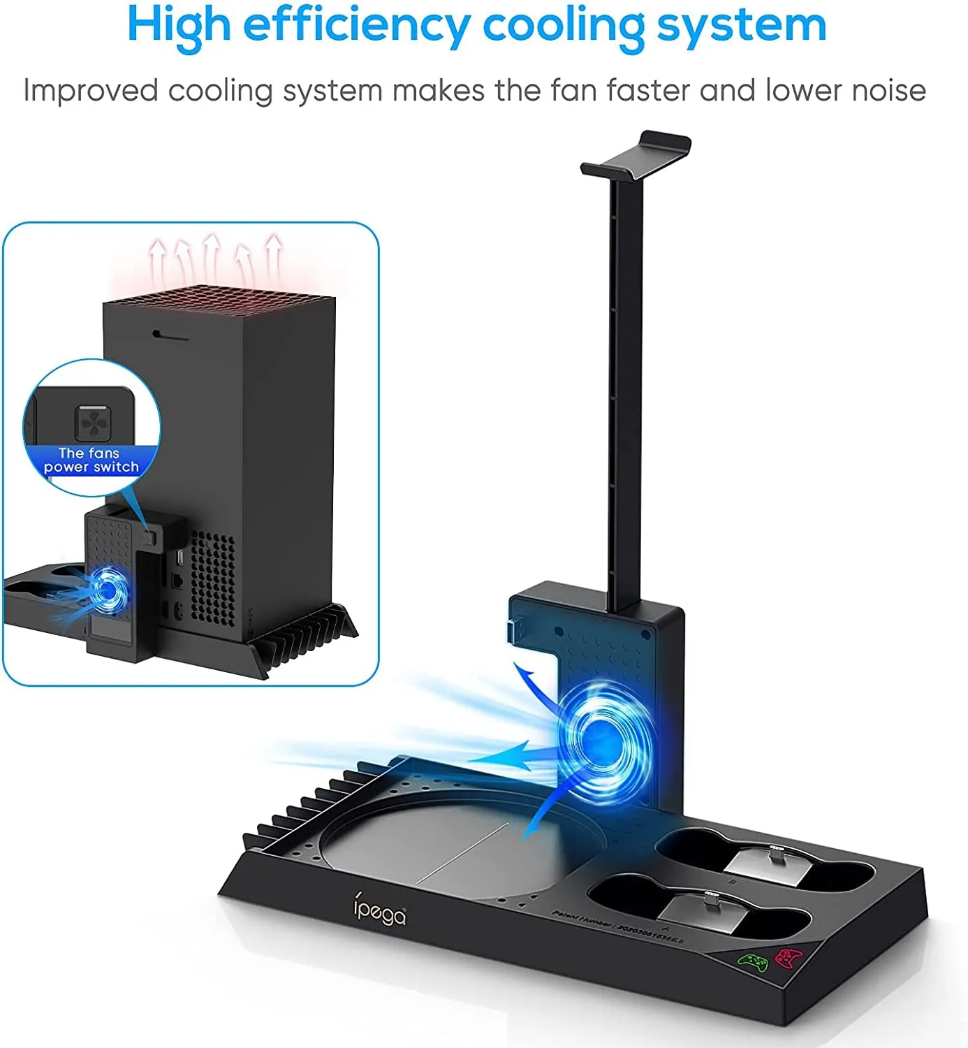 Vertical Cooling Stand for Xbox Series X Console - Dual Controller Charging Dock Station with 2 Pack 1400Mah Batteries & Game Rack Storage Organizer and Gaming Headphones Holder for Xbox Series X