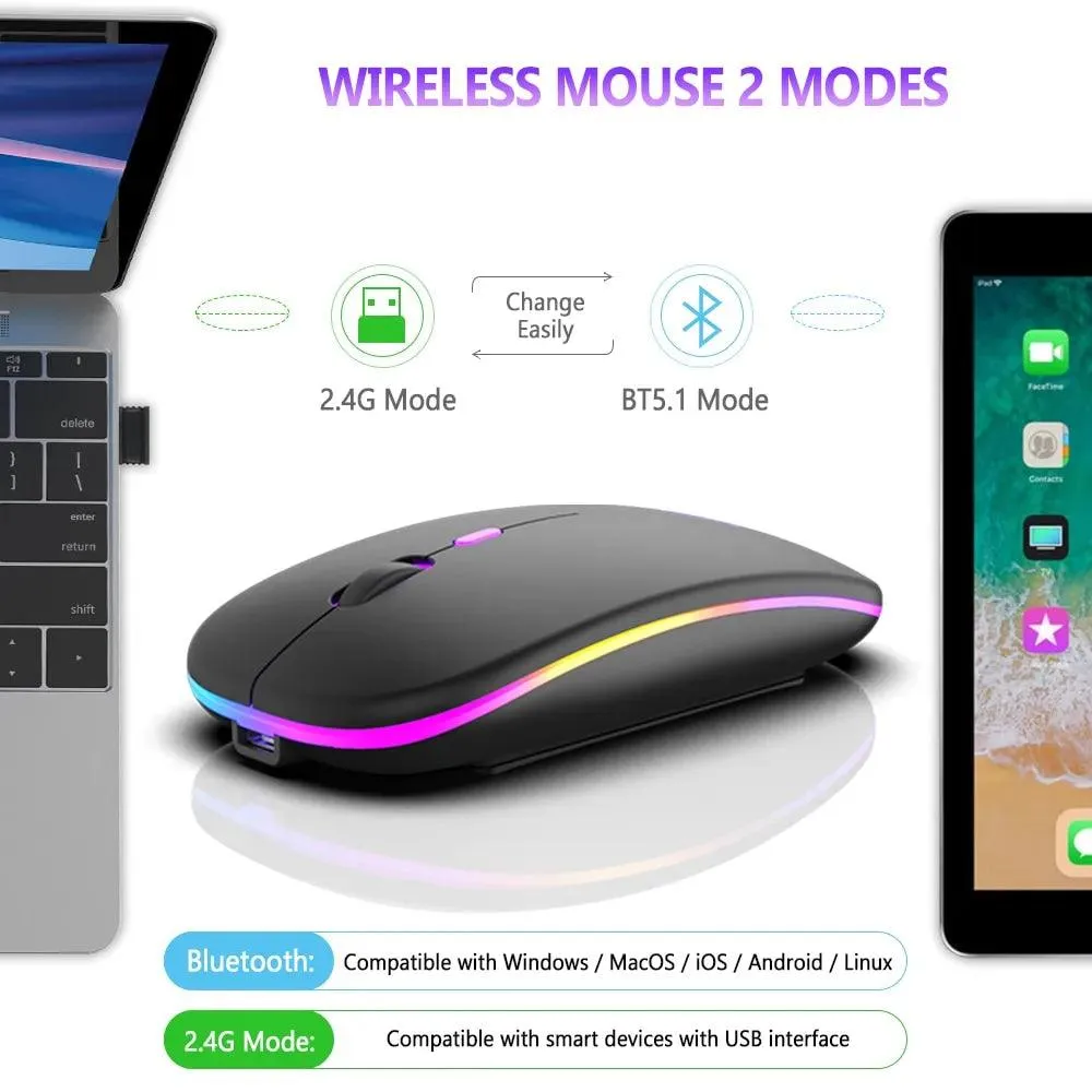 Wireless Mouse Dual Modes Rechargeable RGB Ergonomic Silent Click