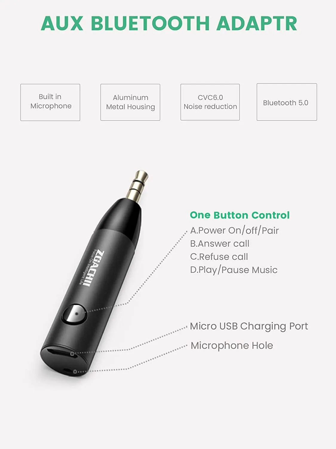 ZOACHII Bluetooth Aux Adapter for Car - ZOACHII Wireless Audio Bluetooth 5.0 Receiver (Handsfree Call/Built in Mic) with 3.5Mm Jack for Vehicle Truck Stereo Home Music Streaming Headphones Speakers [1 Pack]